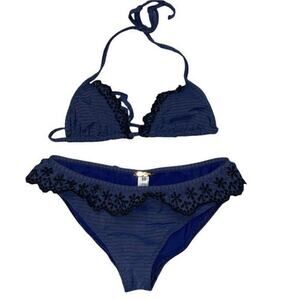 Tooshie Swim Blue Striped Black Embroidered Halter Bikini Bathing Suit size 10
